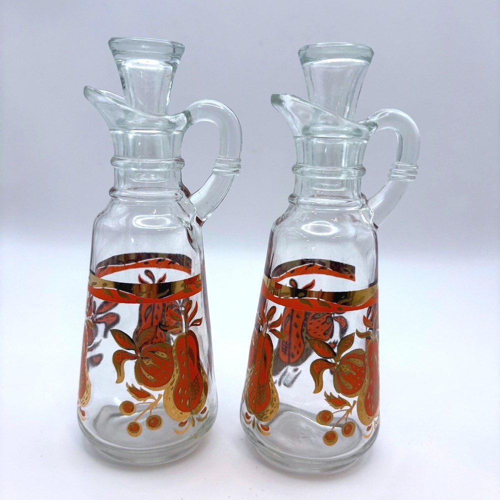 Vtg Anchor Hocking Oil Vinegar Glass Cruets Set Gold Trim Orange Fruit MCM 1960s